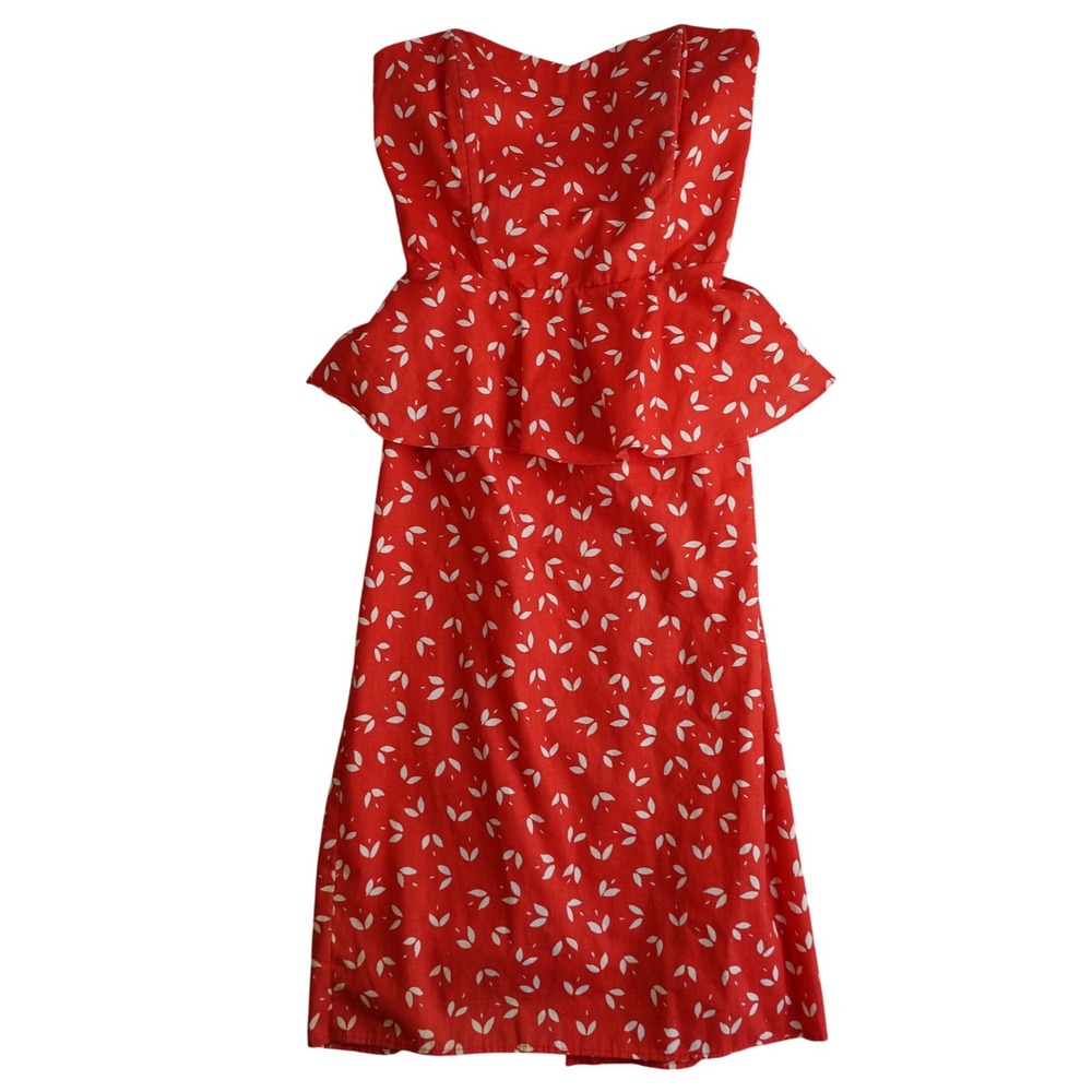 Vintage 50s‎ Dress 13 Red Peplum Strapless Midi Open Back Retro Pinup Rockabilly
